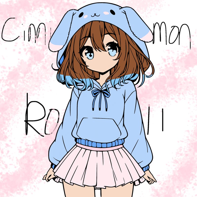 pretty anime girl wearing a fluffy hoodie with bunny ears on the hood and a skirt