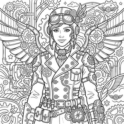 Embark on an imaginative journey with this captivating Steampunk Pilot coloring page, featuring a detailed aviatrix in her retro-futuristic gear. This intricate design promises hours of creative coloring fun for enthusiasts of all ages.