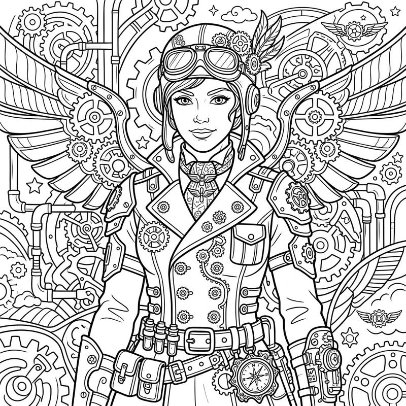 Embark on an imaginative journey with this captivating Steampunk Pilot coloring page, featuring a detailed aviatrix in her retro-futuristic gear. This intricate design promises hours of creative coloring fun for enthusiasts of all ages.