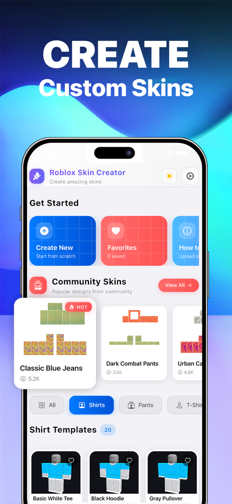 A mobile app screen showing the Roblox Skin Creator interface with custom clothing templates for shirts and pants.