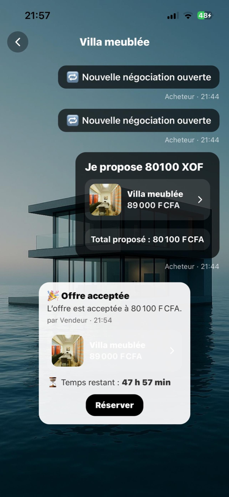 Flexiii - Flexiii app interface showing a successful price negotiation for a villa booking