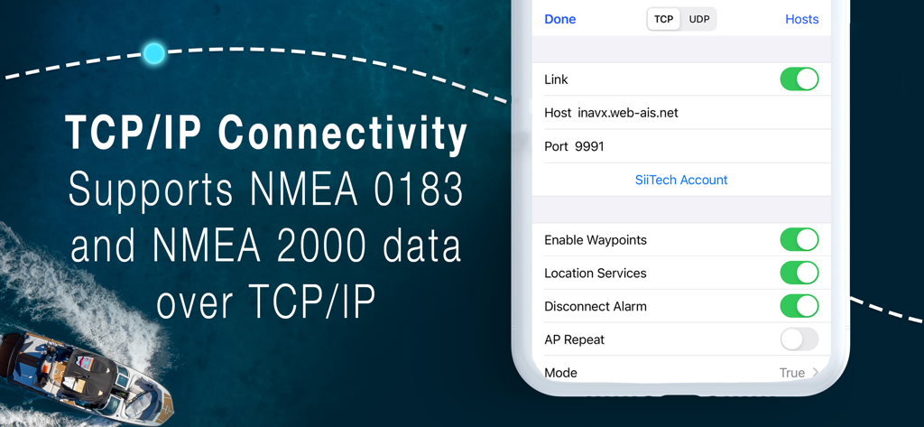 iNavX app interface displaying NMEA data connectivity settings over TCP IP for marine navigation