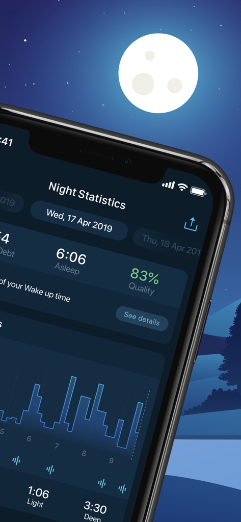 Screenshot of Sleepzy app showing night statistics with sleep quality and sleep cycle graph.