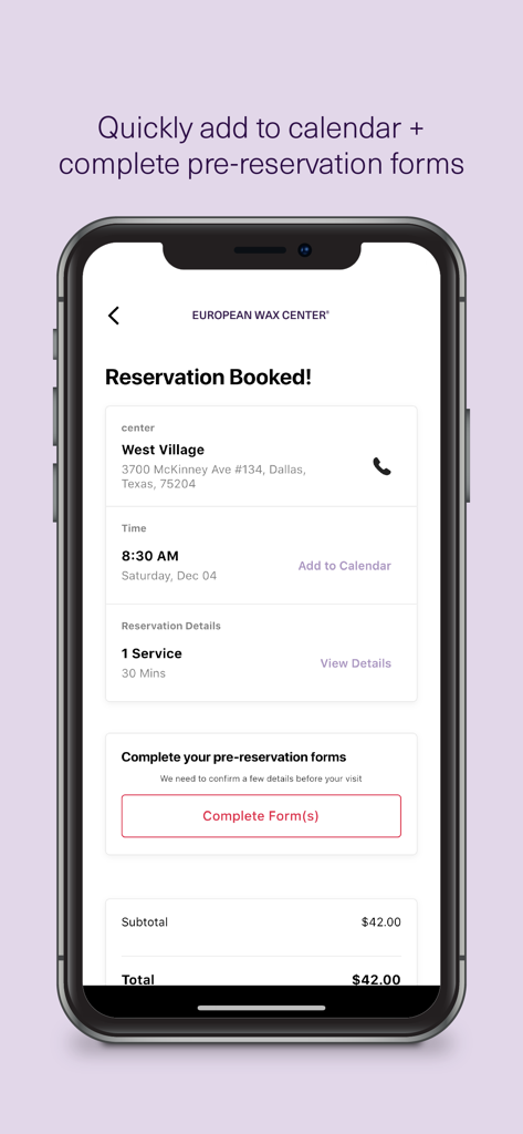 European Wax Center - European Wax Center app reservation confirmation screen showing booking details and pre-reservation forms