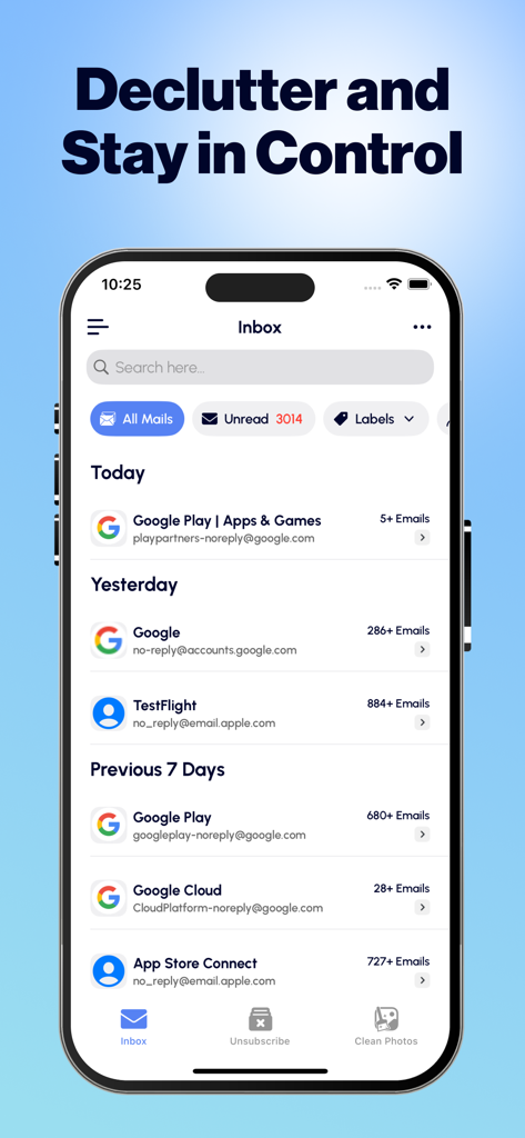 Email Cleaner : Inbox Cleaner - Screenshot of the Email Cleaner app displaying an organized inbox with categorized emails and unread message counts.
