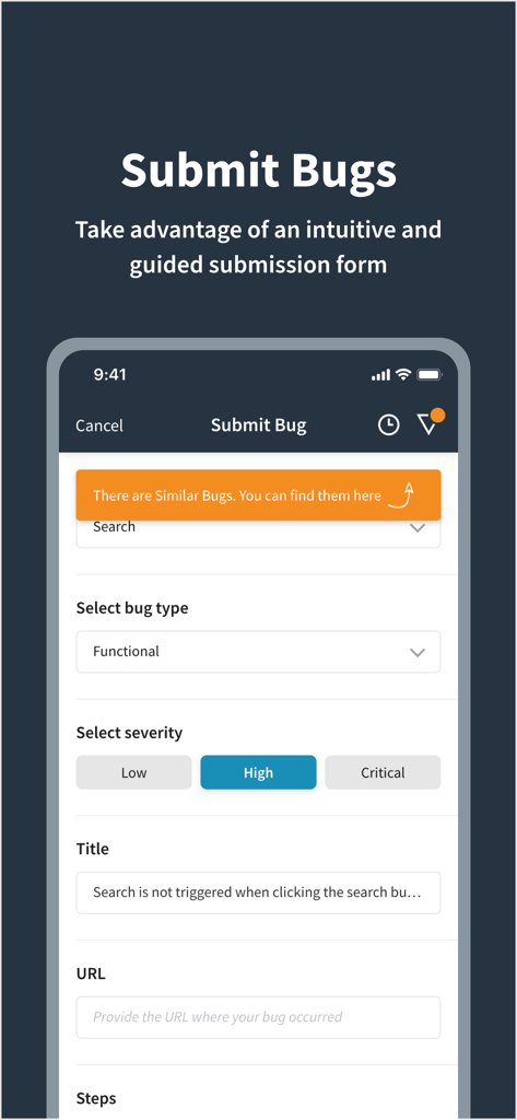 testNow - Crowdtesting - Formulario de envío de errores guiado por IA en la app testNow que muestra la selección de errores funcionales y los niveles de gravedad.