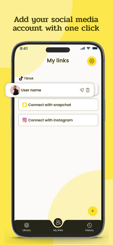 Interface of SendSnap app showing options to connect TikTok Snapchat and Instagram accounts in one place