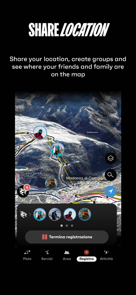 MowiSnow - Compartir ubicación de grupo en tiempo real en un mapa de montaña topográfico 3D en la aplicación MowiSnow
