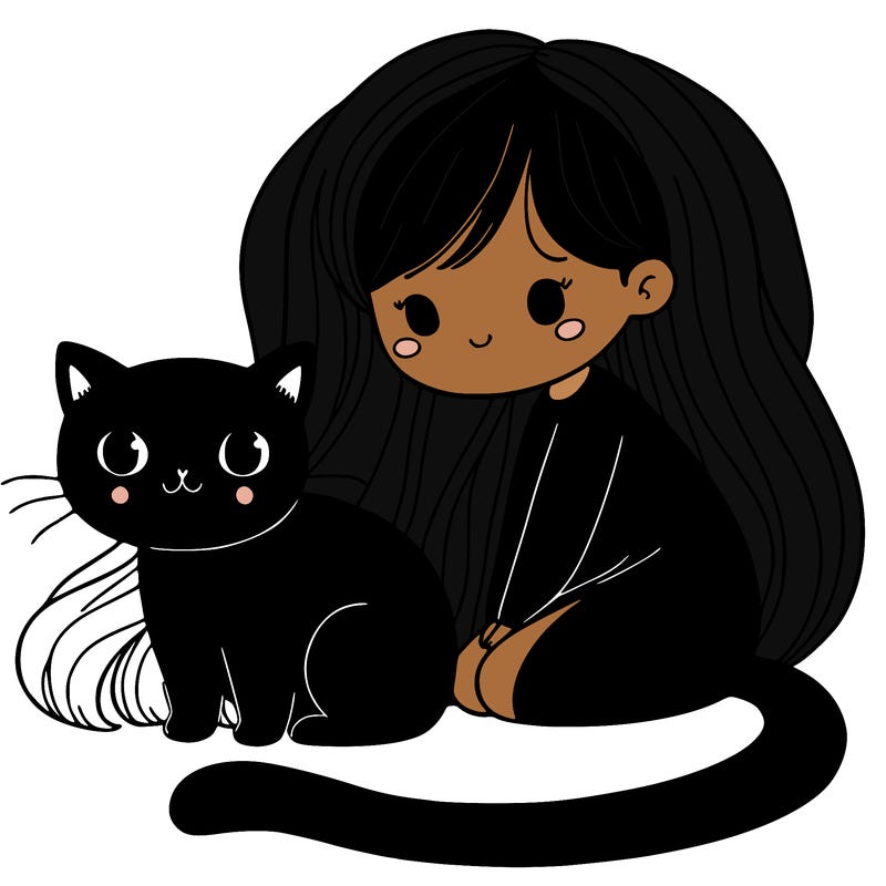 black cat sitting on a black girl
