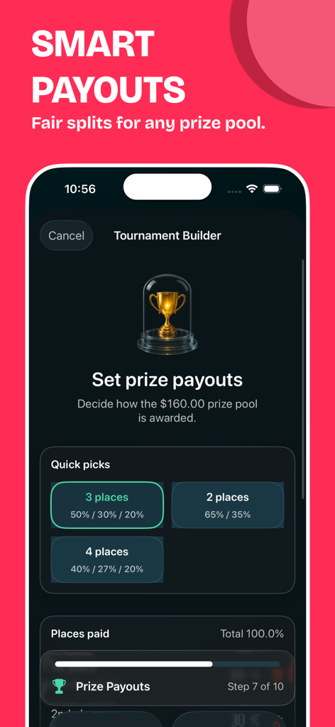 ポーカータイマーアプリのトーナメントビルダー画面で、さまざまな上位入賞者向けのスマート賞金支払いオプションが表示されています