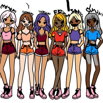 a group of girls wearing crop tops and shorts