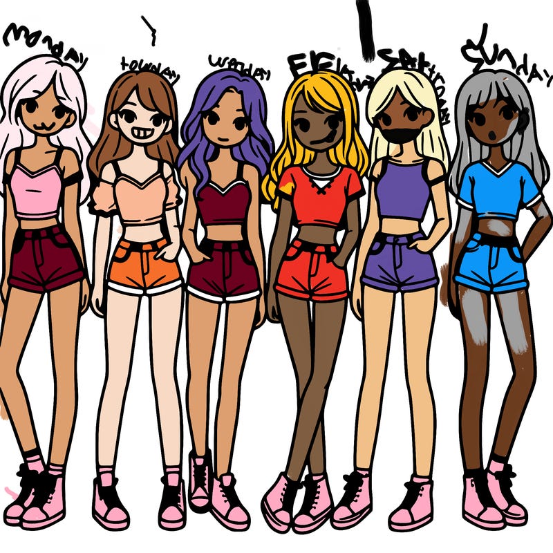 a group of girls wearing crop tops and shorts