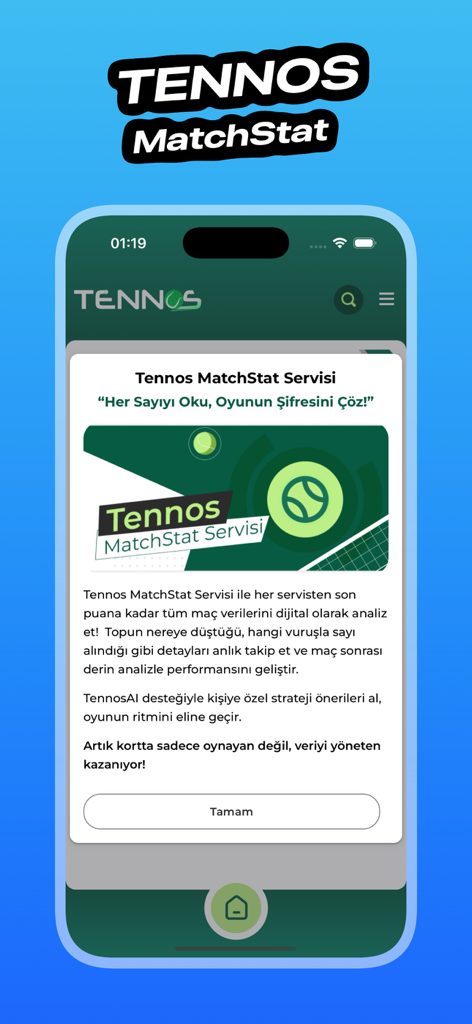 Tennos - Écran de l'application Tennos MatchStat montrant l'analyse des performances de tennis et les données de stratégie de match alimentées par l'IA.
