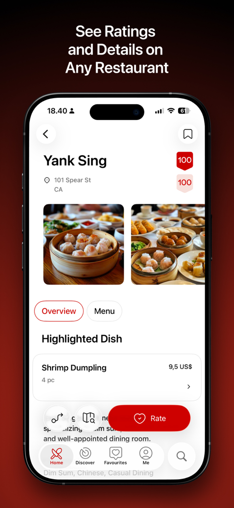 Screenshot der Vota-App, der Restaurantdetails für Yank Sing zeigt, einschließlich hoher Bewertungen, Essensfotos und eines hervorgehobenen Garnknödels