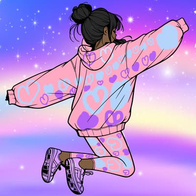 realistic girl jumping with a bun and oversized sweatshirt