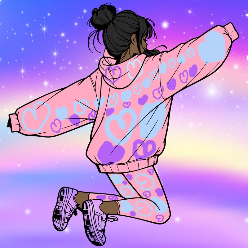 realistic girl jumping with a bun and oversized sweatshirt