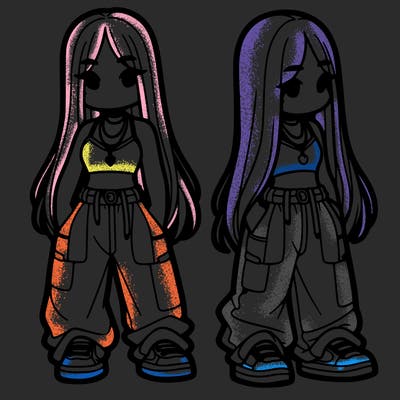 girl in baggy pants crop top and long hair