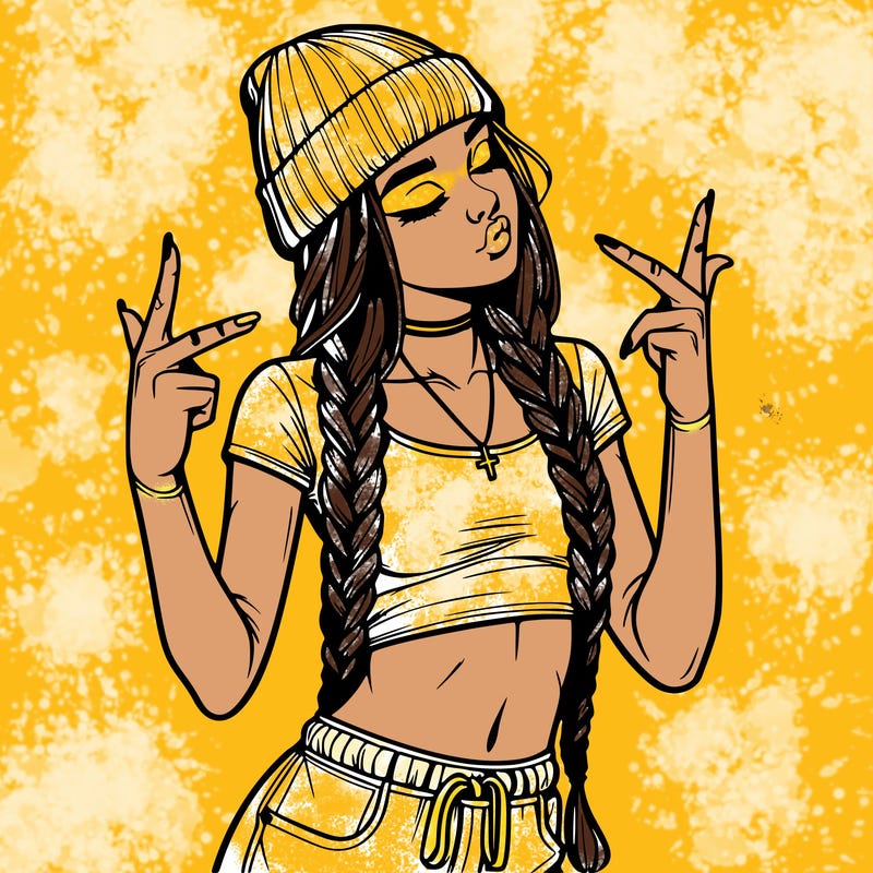 realistic teenage girl with braids and a beanie and crop top doing 🫶🏼