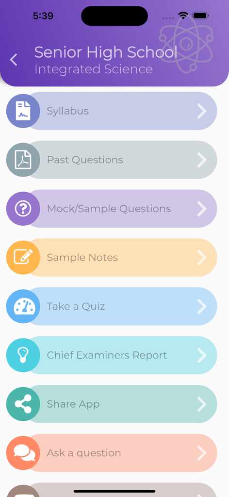 Syllabus GH - Pasco/Books/Quiz - Syllabus GH mobile app menu for Senior High School Integrated Science showing options for syllabus past questions and quizzes