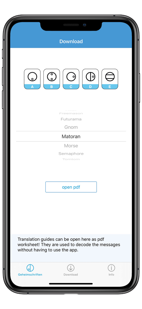 Cipher - Cipher app interface showing a list of secret codes like Matoran and Morse with an option to open printable PDF translation guides.