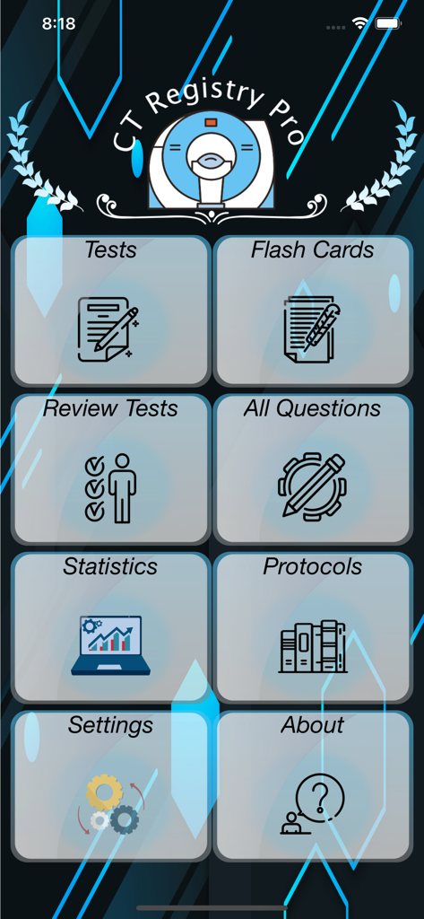 Home screen of the CT Registry Pro app showing the main menu with study modules like Tests, Flash Cards, and Protocols.