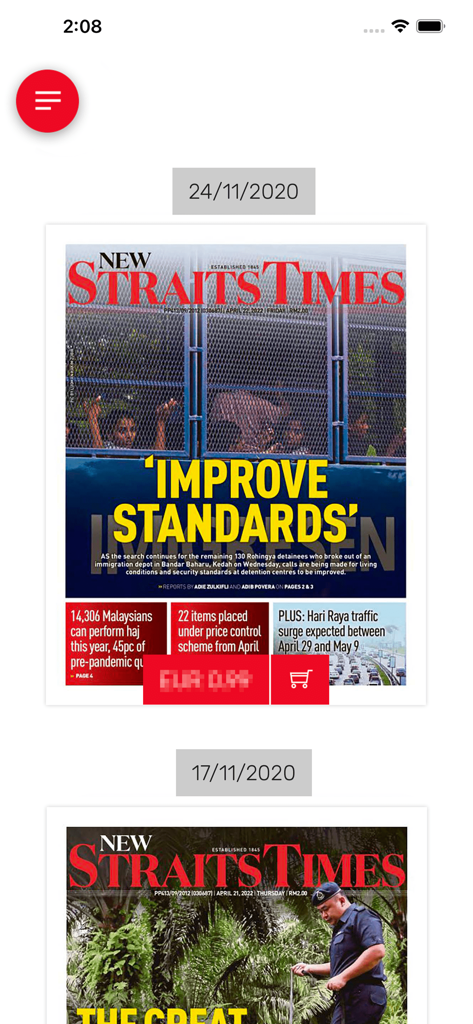 New Straits Times ePaper - Screenshot of the New Straits Times ePaper app showing a list of digital newspaper editions organized by date.