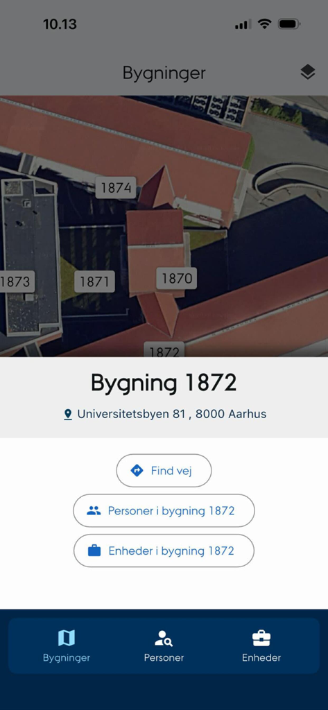 AU Find - Aarhus University campus map showing building locations and navigation buttons in the AU Find app.
