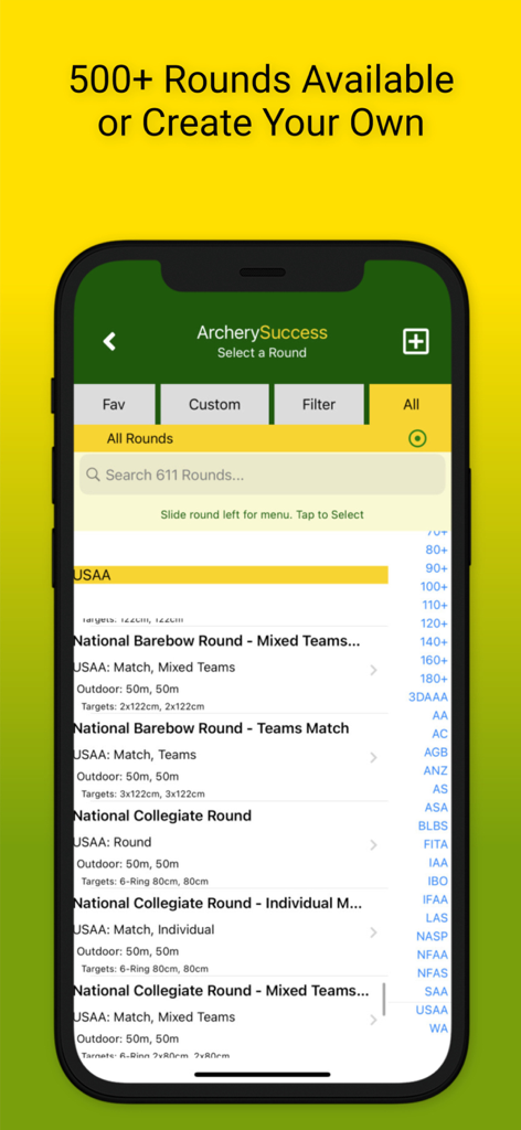 ArcherySuccess - Score & Plot - Tela do aplicativo ArcherySuccess mostrando mais de 500 rodadas de tiro com arco disponíveis e opções personalizadas.