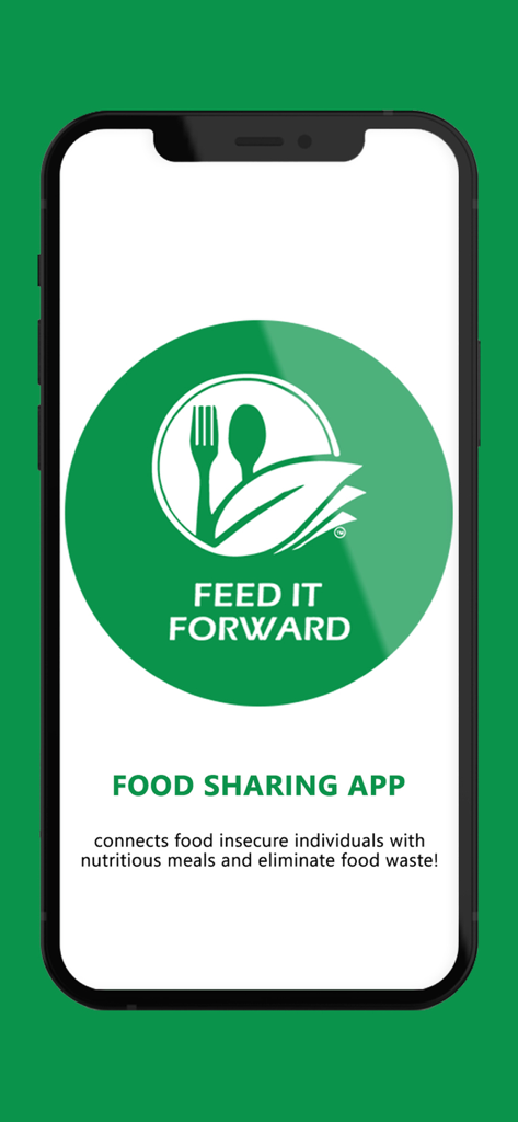 Tela inicial do aplicativo de compartilhamento de alimentos Feed It Forward com o logotipo e a declaração de missão para eliminar o desperdício de alimentos