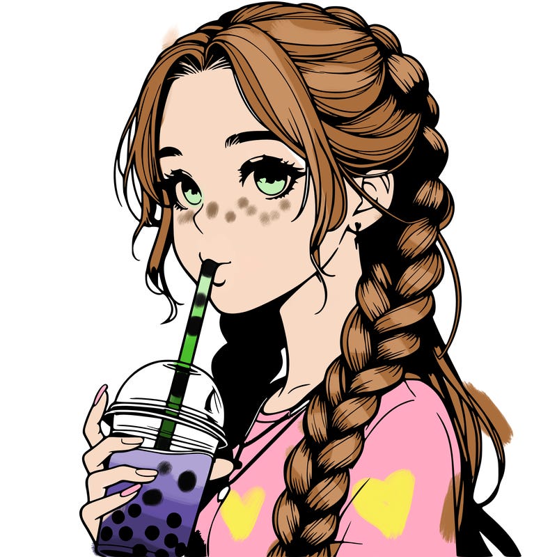 realistic girl with braided hair drinking boba