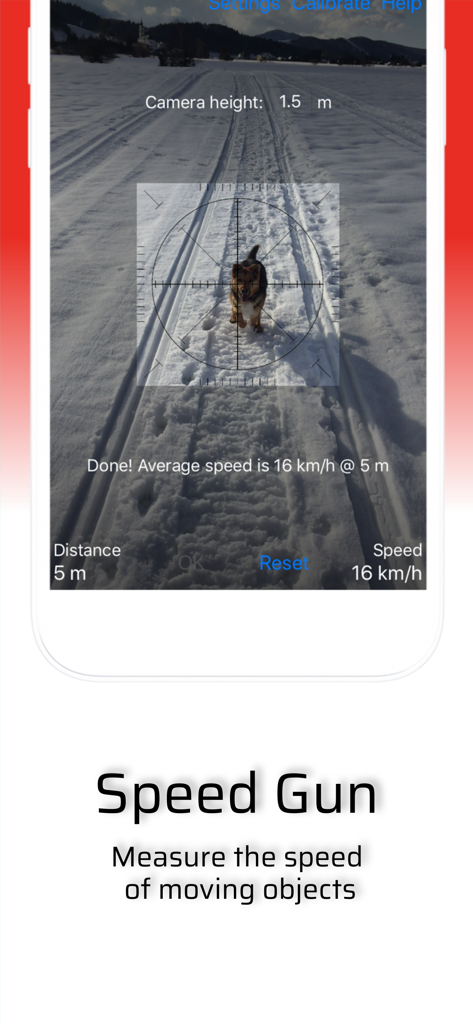 Smart Tools app interface showing the Speed Gun tool measuring a running dog speed in the snow