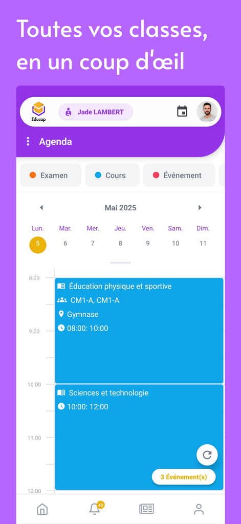 Educap - Mobile app interface showing a student daily school schedule and agenda