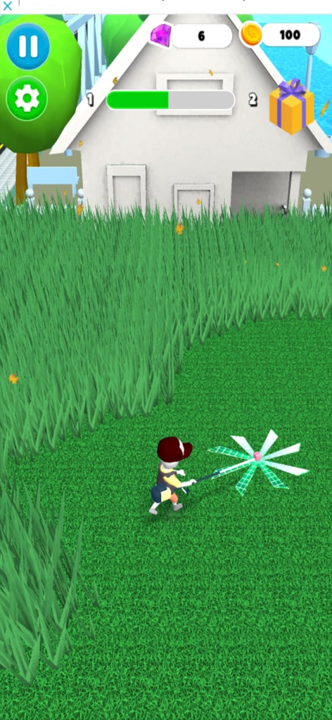 Grass Cutting Game Mow & Trim - Un personnage utilisant un outil électrique rotatif pour tailler l'herbe haute dans un jeu de simulation de jardin
