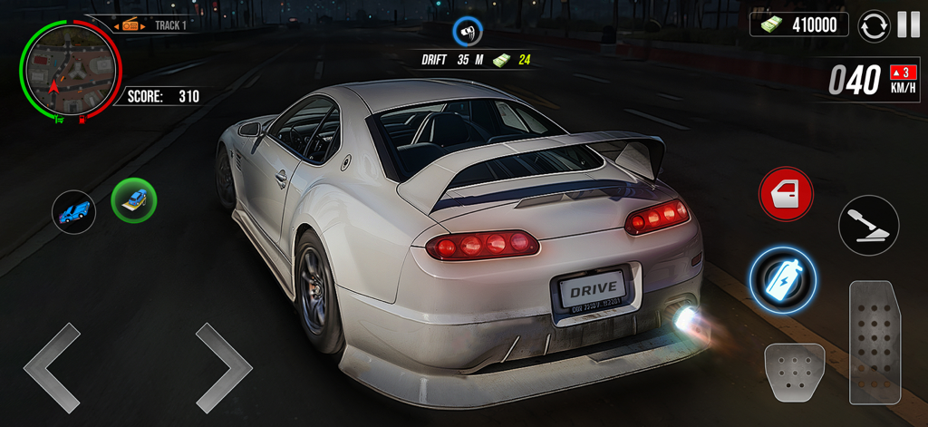 Car Drifting Night Driving - A white sports car performing a drift on an urban road at night with game interface elements