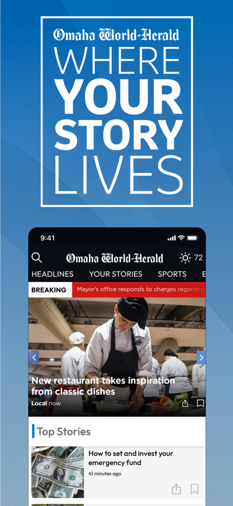 Omaha World Herald mobile app interface displaying local news and breaking alerts