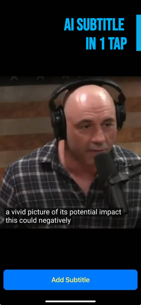 Add Music to Video :cut editor - Mobile app screen showing a video with automatic AI subtitles and an add subtitle button