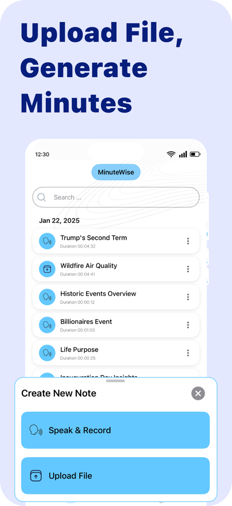 MinuteWise: AI Note Taker - MinuteWise app interface showing options to create a new note by uploading a file or recording audio live