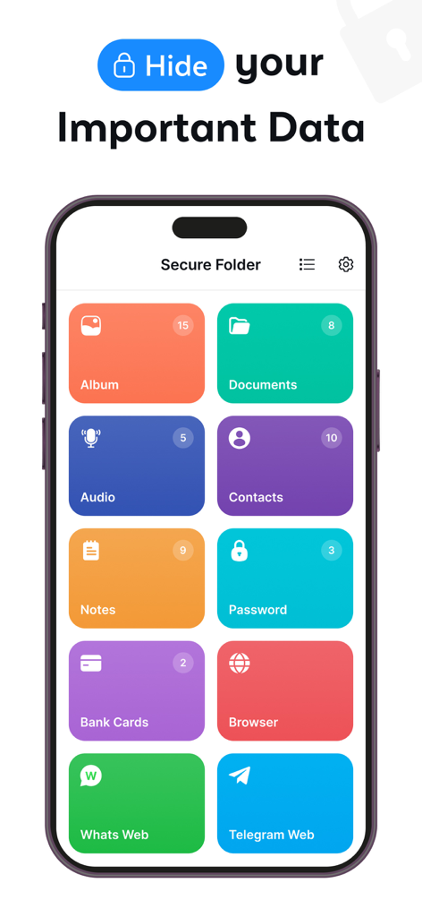 Secure Folder - Private Vault™ - Secure Folder app dashboard showing protected categories for albums documents contacts and private web browsing