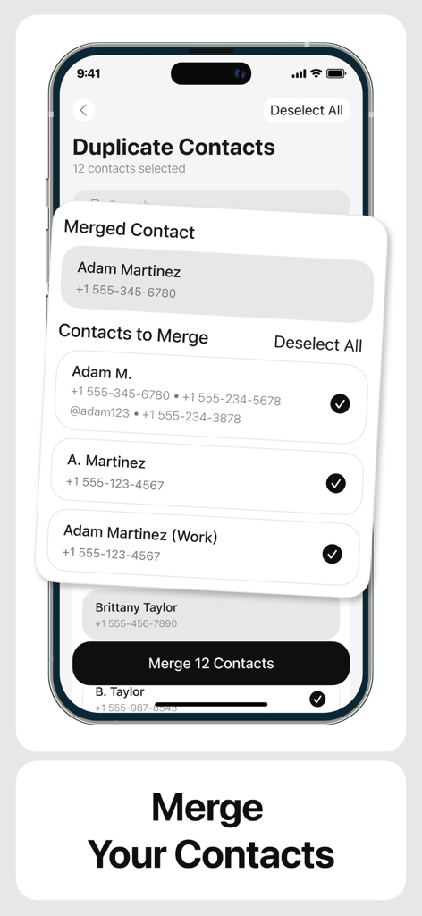 Sweeply - cleaner app - A mobile interface for the Sweeply app showing a feature to merge duplicate contacts on an iPhone.