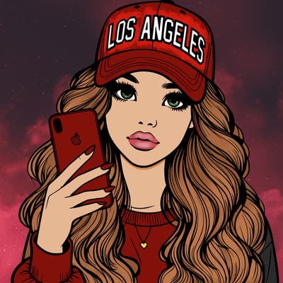 realistic beautiful girl wearing los ángeles cap holding an iphone