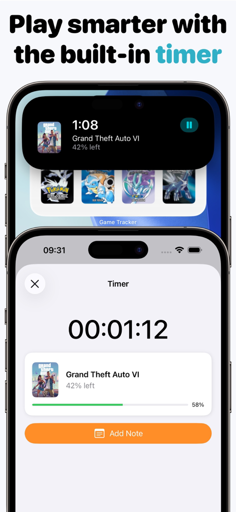 Game Tracker: Play & log - Screenshot der Game Tracker App, der den integrierten Timer und die Live-Aktivität zur Verfolgung des Videospiel-Fortschritts zeigt