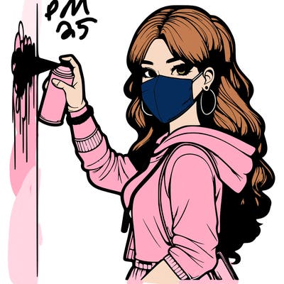 realistic girl with mask spray painting a wall