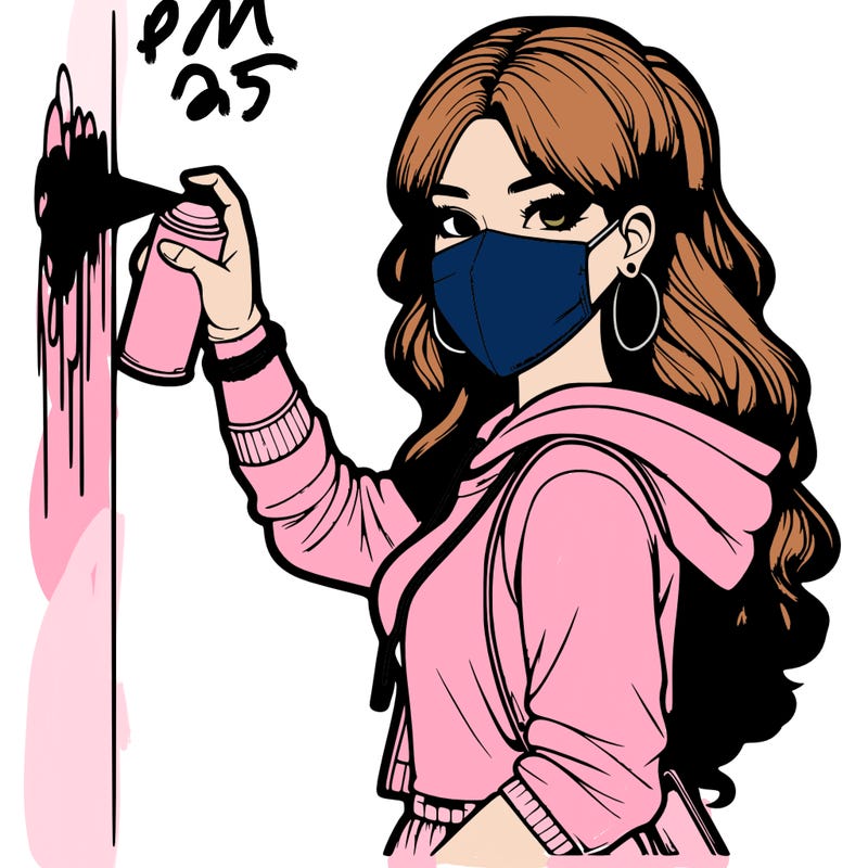 realistic girl with mask spray painting a wall