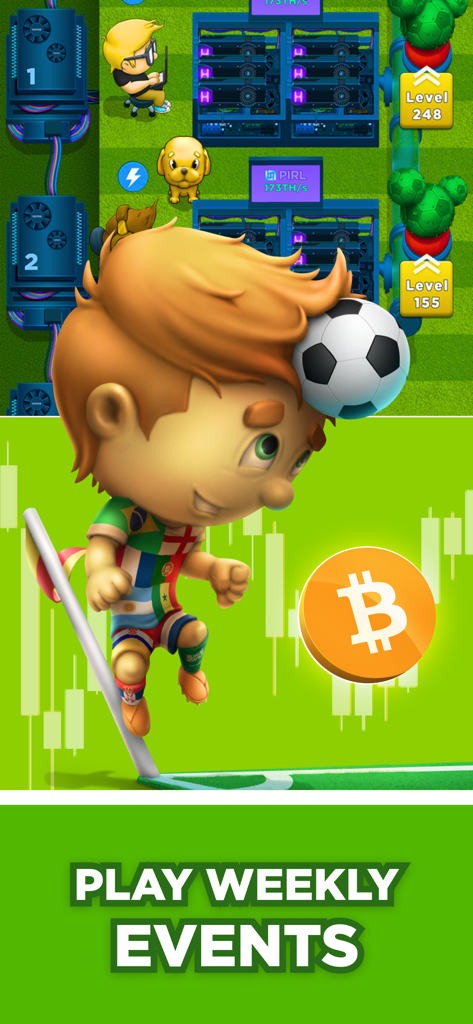 Crypto Miner: Bitcoin Factory - Pantalla de eventos semanales en Crypto Miner Bitcoin Factory con un personaje rematando un balón de fútbol y una moneda de Bitcoin.