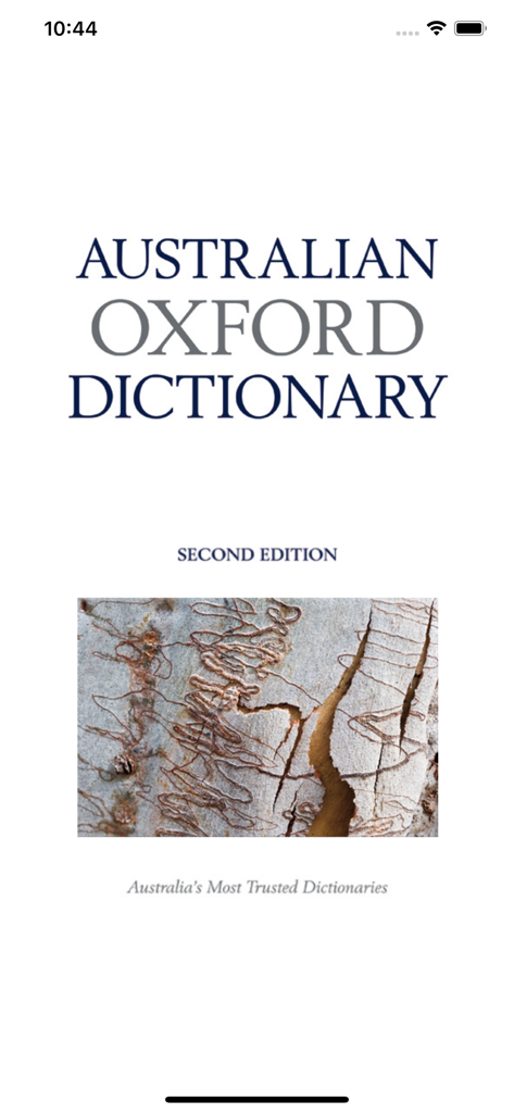 Australian Oxford Dictionary second edition launch screen with tree bark image