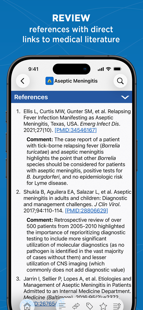 Johns Hopkins Antibiotic Guide - Johns Hopkins Antibiotic Guide app screen displaying medical literature references and clinical comments.