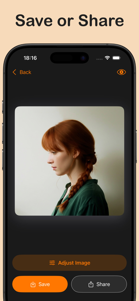 Smartphone screen showing the save and share options in the shadow removal app with a woman's portrait.
