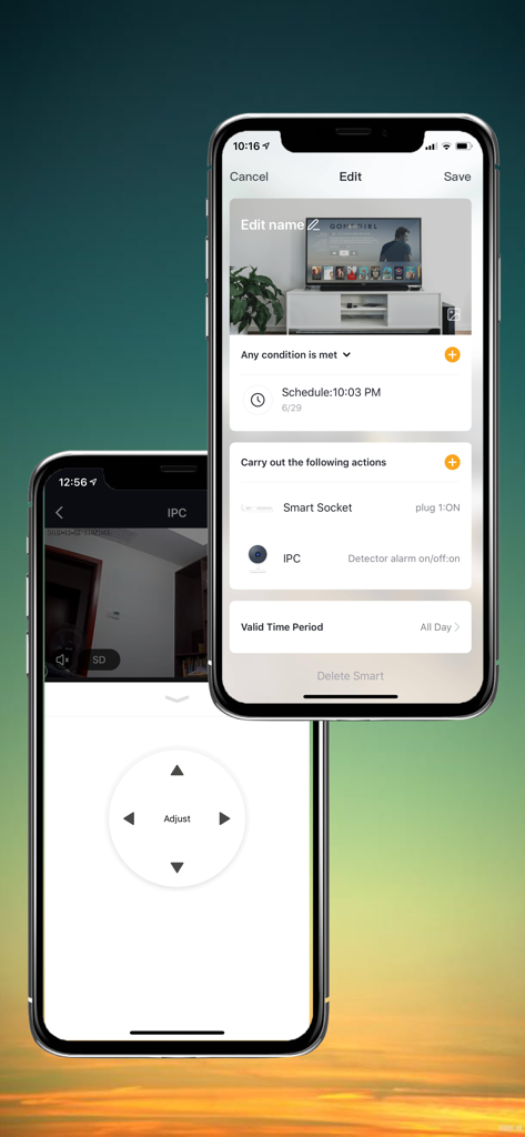 ARPHA - ARPHA app screens showing smart home automation scheduling and remote IP camera security controls