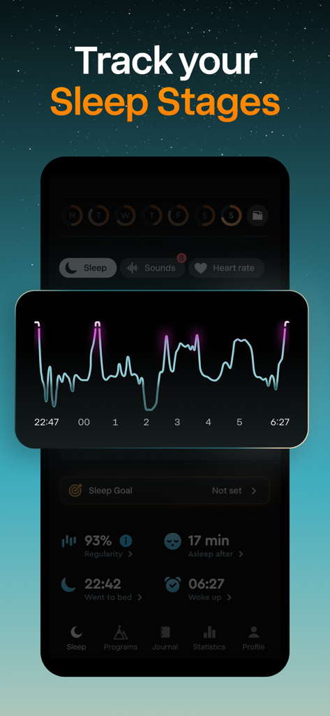 Sleep Cycle app interface displaying a sleep stages graph and overnight statistics.