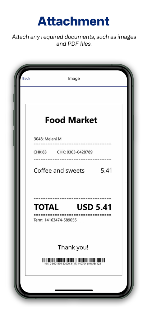Continia Expense App screenshot showing a scanned receipt for food market expenses ready to be attached